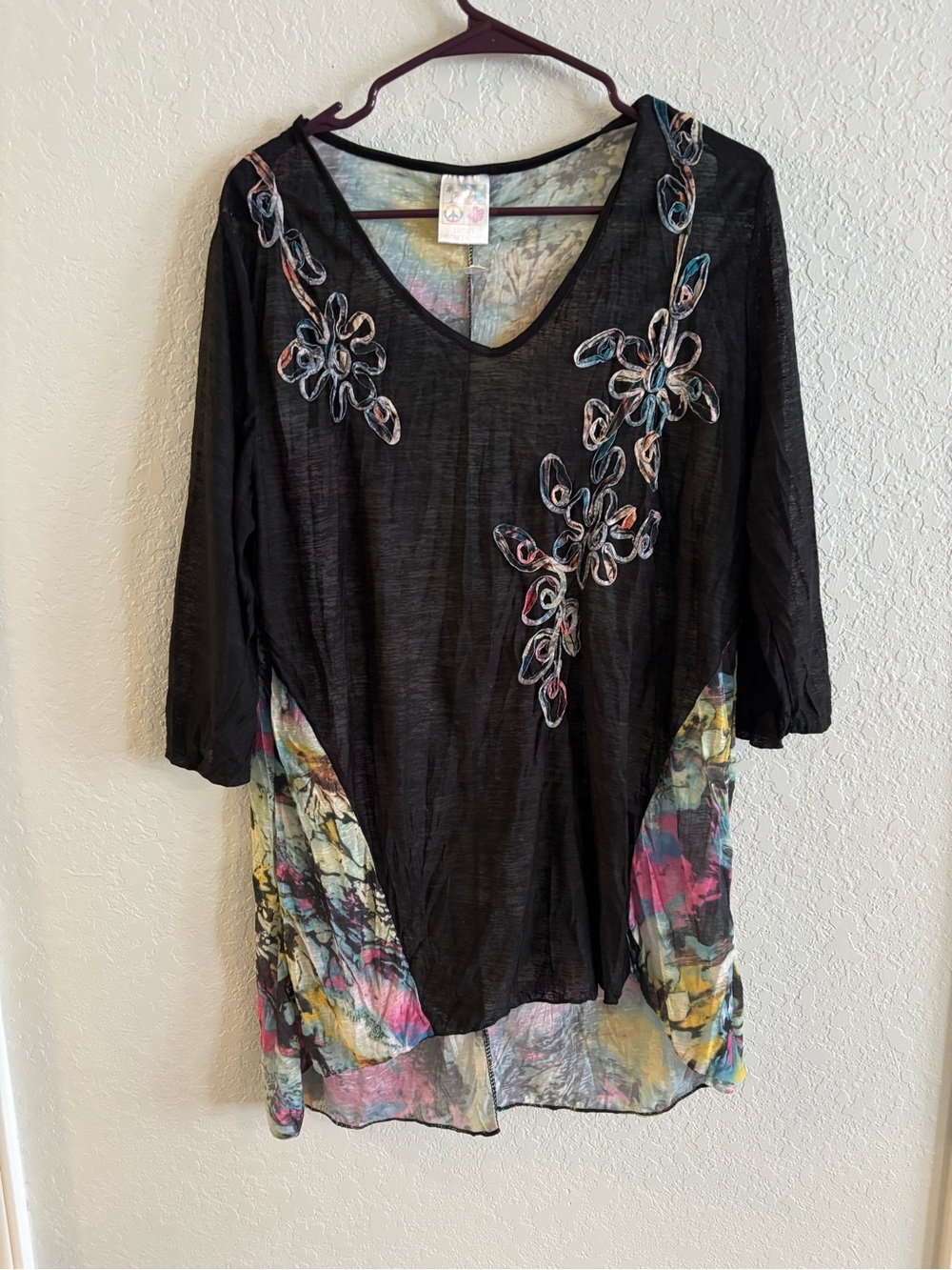 India Boutique Black V-Neck Tunic with Multicolor Floral Accents